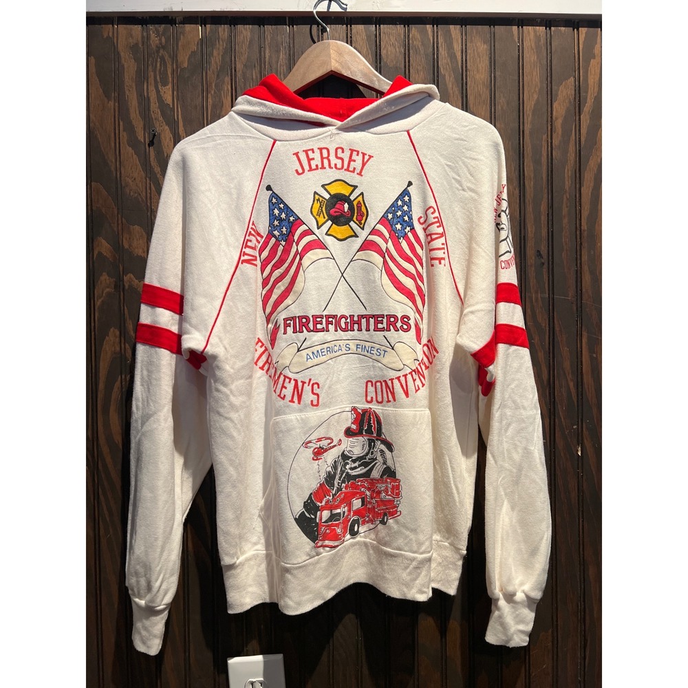 Vintage NJ State Firefighters Convention Hoodie White Red Raglan 22x26 SS Tag